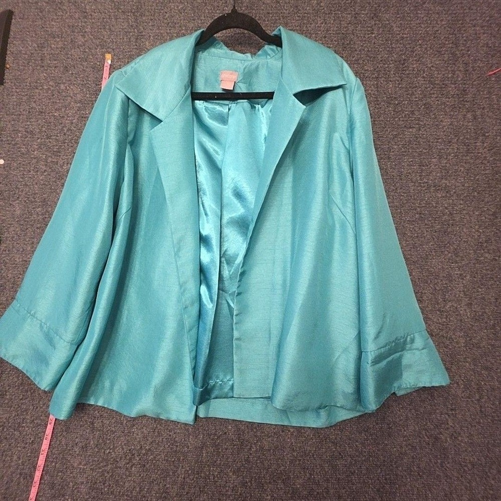 Chico's Jacket Womens XL Blue Shiny Taffeta Open Front Collared Lined Evening